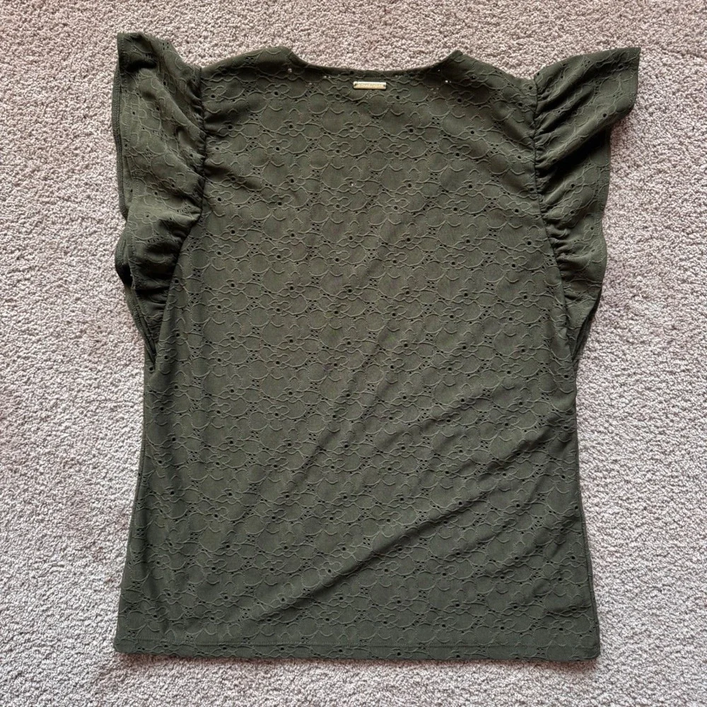 Michael Kors Womens Small Olive Green Eyelet Ruffle Cap Sleeve V-Neck Top